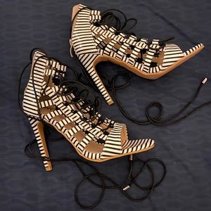 Women’s shiny black and white striped heels